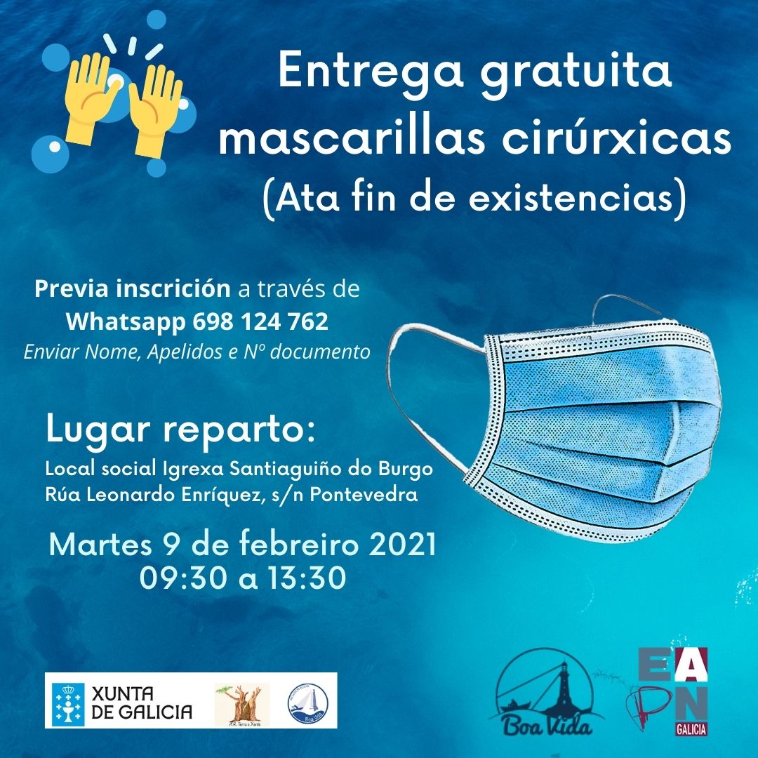 Cartel entrega gratuita mascarillas cirúrxicas (ata fin de existencias)