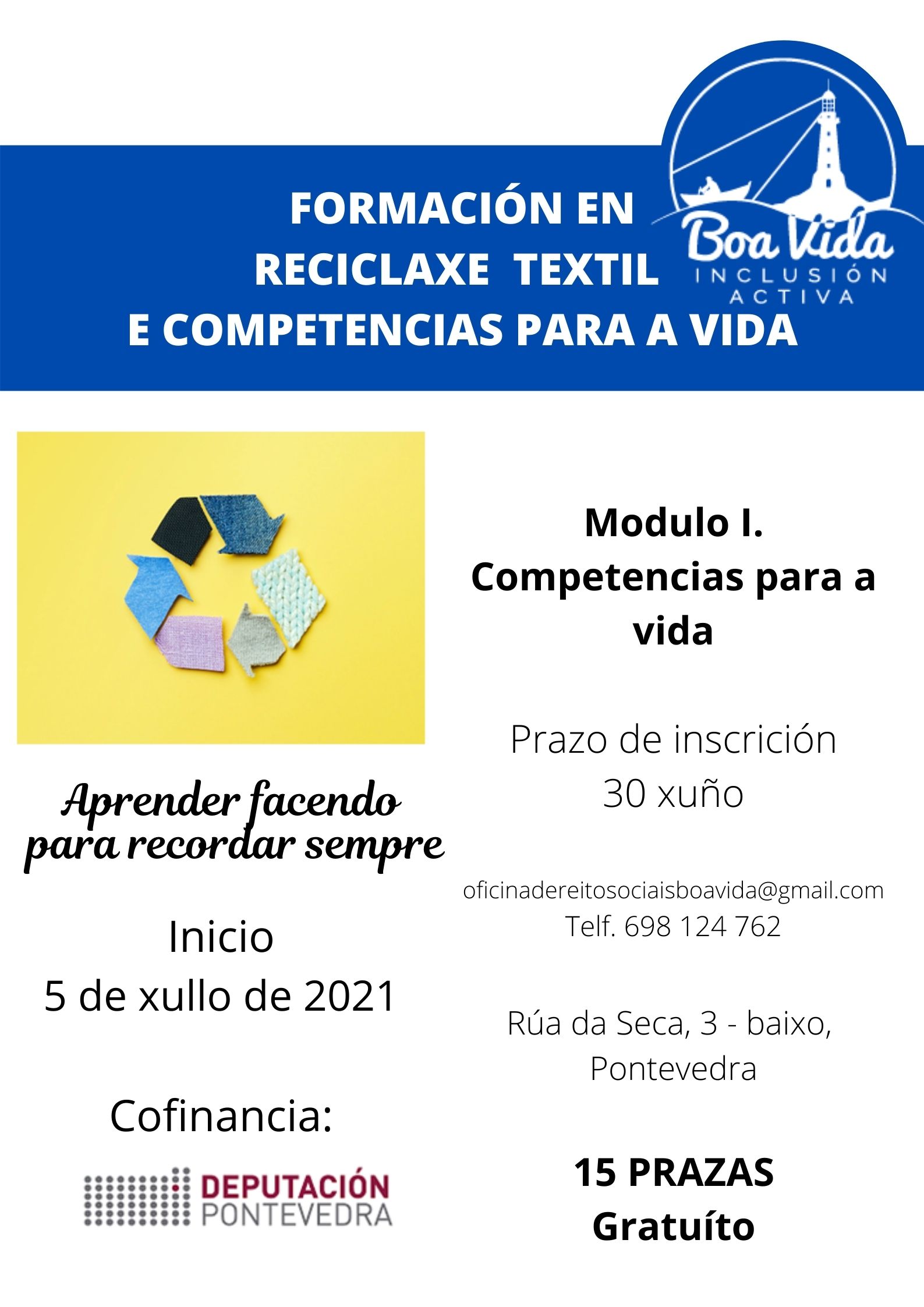 Cartel Formación en reciclaxe textil e competencias para a vida Módulo I.